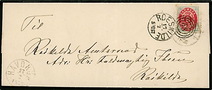 8 øre Tofarvet tryk 1b rød/blåliggrå på brev annulleret med lapidar VI Havdrup d. 17.2.1875 til Roskilde. Attest Lasse Nielsen.