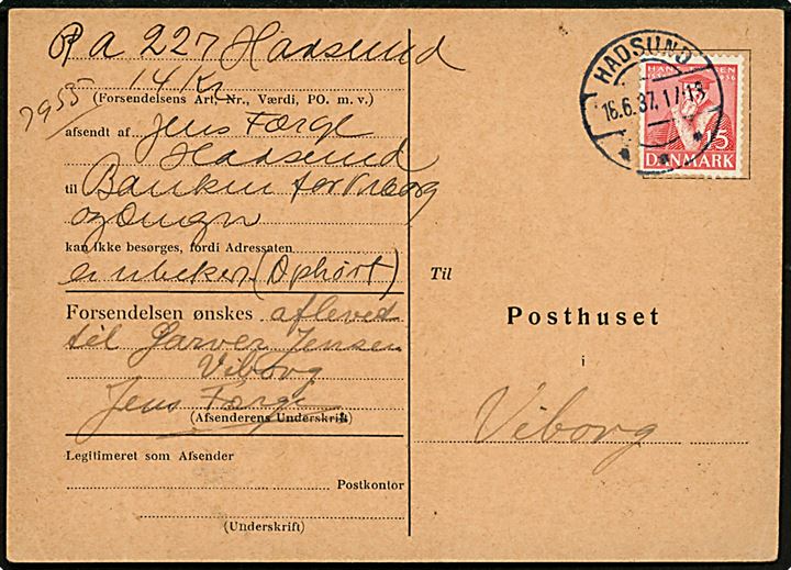 15 øre Tavsen stemplet Hadsund d. 16.6.1937 på svar på forespørgsel fra Viborg postkontor vedr. uanbringelig postanvisning - formular P.8 (A6).  