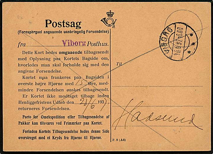 15 øre Tavsen stemplet Hadsund d. 16.6.1937 på svar på forespørgsel fra Viborg postkontor vedr. uanbringelig postanvisning - formular P.8 (A6).  