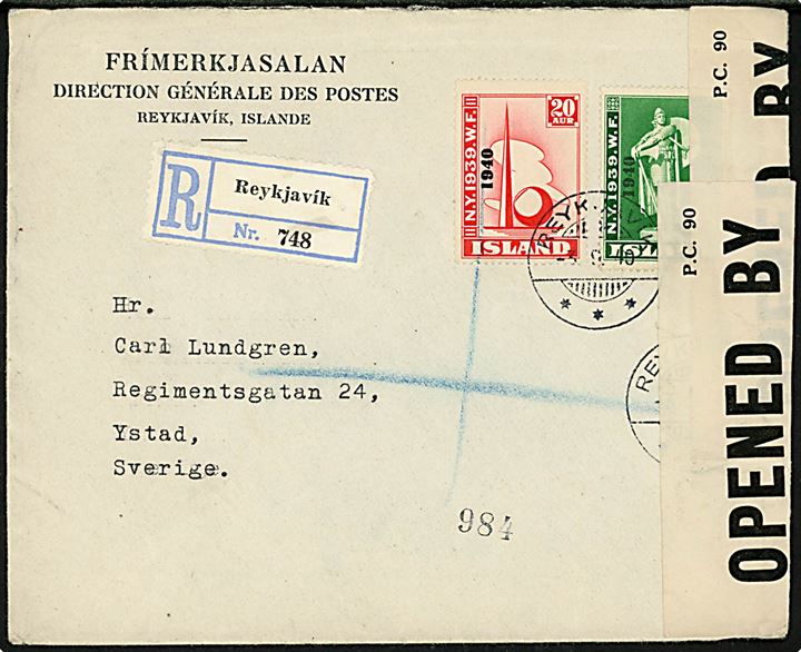 20 aur og 45 aur “1940” Verdensudstilling provisorium på anbefalet brev fra Reykjavik d. 3.9.1940 til Ystad, Sverige. Åbnet af britisk censur PC90/4455.