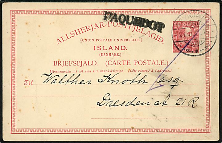 10 aur Chr. IX helsagskort fra Reykjavik d. 21.2.1911 transitstemplet med britisk skibsstempel PAQUEBOT til Dresden, Tyskland