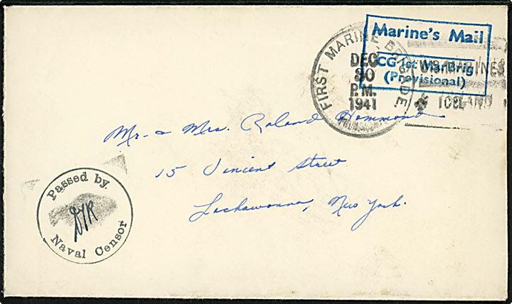 Ufrankeret “Blue-Box”-brev stempel “Marine’s Mail CG 1st Mar Brig (Provisional)” og First Marine Brigade (Provisional) / “U. S. Marines Iceland” d. 30.12.1941 til New York, USA. Sort flådecensur “Passed by Naval Censor”. Meget sent “Blue-Box”-brev som opstod pga. frimærkemangel på Island i efteråret 1941.