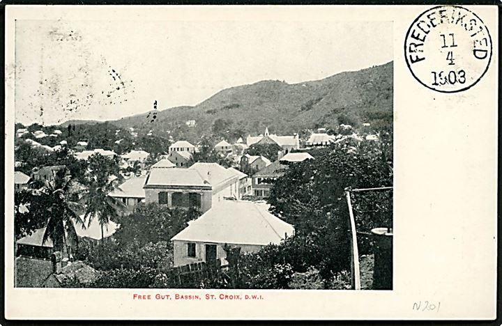 1 cent Våben single på lokalt brevkort (Free Gut, Bassin, St. Croix) annulleret Frederiksted d. 11.4.1903.
