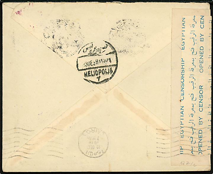 3½ mk. Delaware 300 år på brev fra Vammelsuu på det Karelske Næs d. 27.11.1939 til britisk soldat, F. Mann, ved Air Ministry W/T Station, Heliopolis i Egypten. Åbnet af eygptisk censur og RAF censur no. 24.
