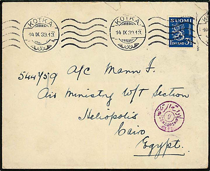 3½ mk. Løve på brev fra Kotka d. 14.9.1939 til britisk soldat ved Air Ministry W/T Station Heliopolis, Cairo, Egypten. Passér stemplet ved den egyptiske censur og ank.stemplet i Heliopolis d. 4.11.1939.