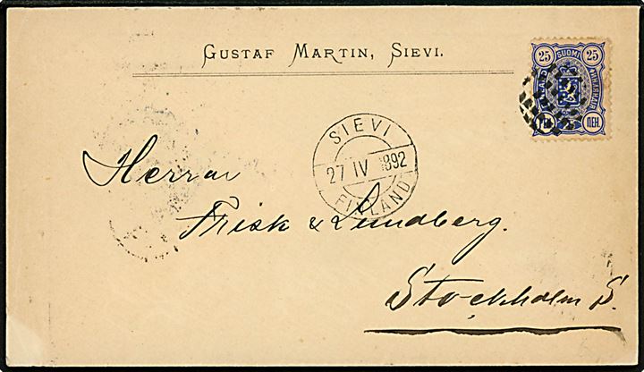 25 pen. Våben på brev annulleret med figurstempel og sidestemplet Sievi Finland d. 27.4.1892 via St. Petersborg til Stockholm, Sverige.