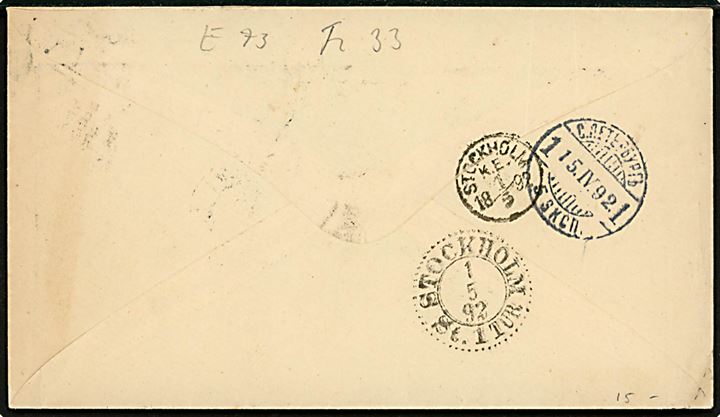 25 pen. Våben på brev annulleret med figurstempel og sidestemplet Sievi Finland d. 27.4.1892 via St. Petersborg til Stockholm, Sverige.
