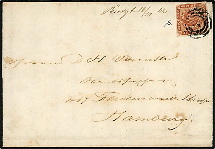 4 sk. 1858 udg. på brev fra Tremsbüttel med håndskrevet bynavn “Bargt 18/10 62” (= Bargteheide) og annulleret nr.stempel “2” (= Hamburg) til Hamburg. Bargteheide var brevsamlingssted uden poststempel 1855-64.