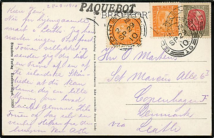 3 aur (2) og 4 aur Chr. IX på brevkort påskrevet “via Leith” annulleret med skotsk stempel i Edinburgh d. 29.9.1910 og sidestemplet “PAQUEBOT” til København, Danmark.