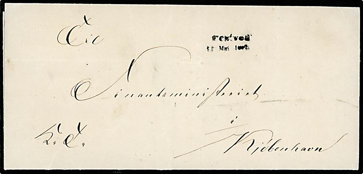 1852. Ufrankeret tjenestebrev mærket “K.T.” med sort 2-liniestempel Nestved d. 11.5.1852 til Finansministeriet i Kjøbenhavn. Reservestempel benyttet i maj/juni 1852 da Næstveds antiqua stempel blev omdannet fra IIb til III.