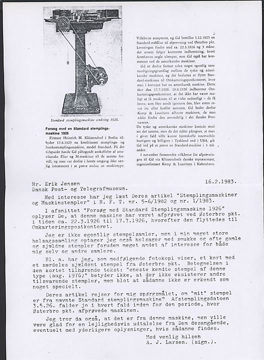8 øre lokalt helsagsbrevkort (fabr. 80-H) annulleret med H. Klussendorf “Standard” forsøgsmaskinstempel ved København Ø d. 3.5.1926. Meget sjældent stempel. 