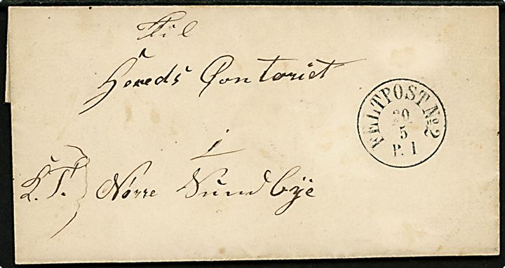1864. Ufrankeret tjenestebrev mærket “K.T.” med antiqua Feltpostkontor No. 2 d. 20.5.1864 lokaliseret på Skeelslund herregård ved Aabybro i Vendsyssel til  Herredskontoret i Nørresundby. Smukt brev.
