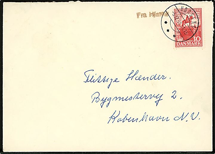 30 øre 1000 års udg. på brev annulleret Horsens d. 6.12.1959 og sidestemplet med violet skibsstempel “Fra Hjarnø” til København. Senest registrerede brugsdato jf. Bendix.