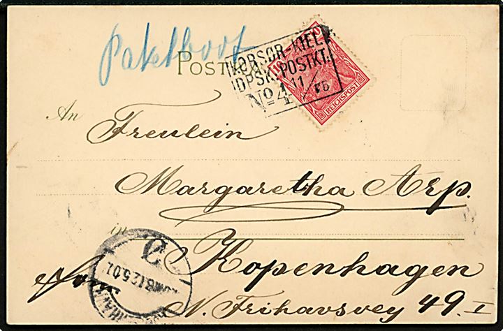 Tysk 10 pfg. Germania på brevkort annulleret med dansk skibsstempel KORSØR-KIEL DPSK:POSTKT: No. 4 d. 11.5.1901 og påskrevet med blåkridt “Paketboot” til Kjøbenhavn, Danmark.  