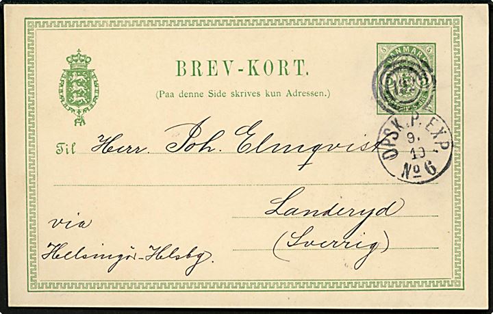 5 øre Våben helsagsbrevkort fra Nyborg annulleret med kombineret nr.stempel “192” / DPSK:P:EXP: No. 6 d. 9.10.1896 til Landeryd, Sverige. Påskrevet: via Helsingør - Helsbg. 