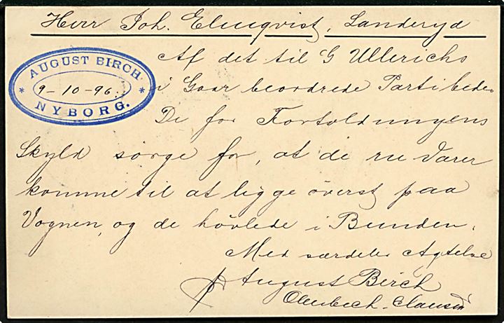 5 øre Våben helsagsbrevkort fra Nyborg annulleret med kombineret nr.stempel “192” / DPSK:P:EXP: No. 6 d. 9.10.1896 til Landeryd, Sverige. Påskrevet: via Helsingør - Helsbg. 