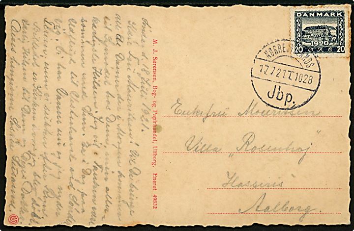 20 øre Genforening på brevkort fra Ulfborg annulleret med reserve-bureaustempel (R9) Nørrejyllands Jbp. T.1028 d. 17.7.1921 til Aalborg. Reservestempel brugt på strækningen Fredericia - Struer. 