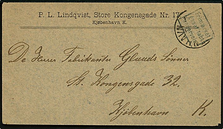 Lokalbrev i Kjøbenhavn med rammestempel “Frimærket gaaet tabt underveis”. På bagsiden ank.stemplet K. OMB. 5 d. 12.1.1888. 