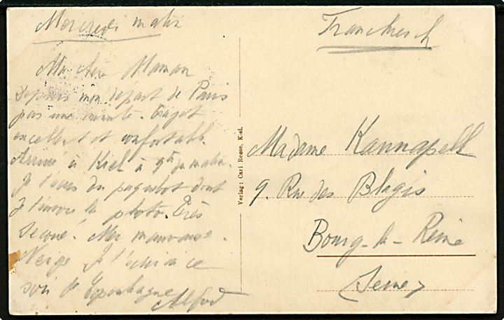 Tysk 10 pfg. Germania på billedside af brevkort (Tysk postdamper “Prinz Sigismund”) annulleret med dansk brotype IIg sejlende bureaustempel Kiel - ** Korsør d. 26.2.1914 til Bourg-la-Reine, Frankrig. 