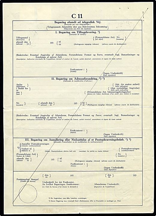 20 øre og 25 øre Karavel stemplet Kolding d. 27.5.1940 på Begæring om Adresseforandring C11 for 2 pakker til Khole, Finland, som skal ændres til Helsingfors. 