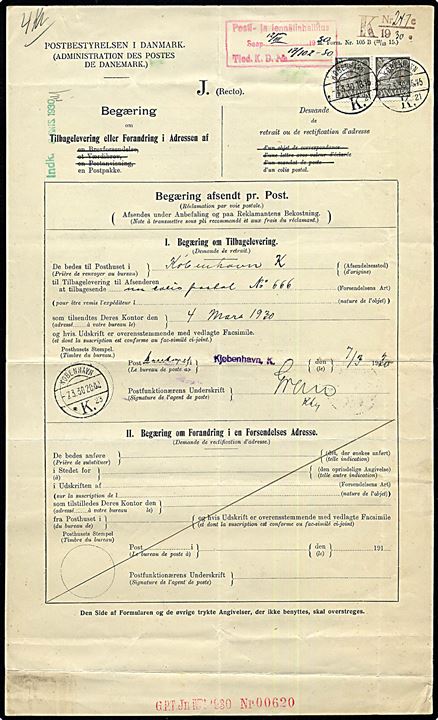 20 øre Karavel i parstykke stemplet København K d. 7.3.1930 på Begæring om Tilbagelevering af postpakke til Finland. M. Form Nr. 105B (22/12 15.). 