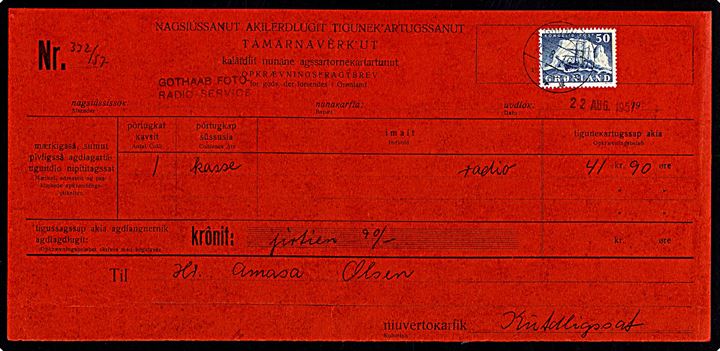 50 øre Ishavsskib på Opkrævningsfragtbrev stemplet Godthåb d. 23.8.1957 for pakke til Kutdligssat. God forsendelsestype. Ufoldet.