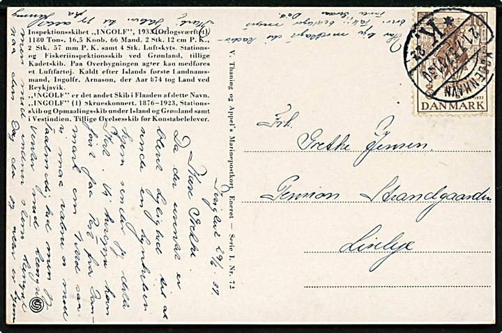 10 øre Regentjubilæum på brevkort (Inspektionsskibet Ingolf) dateret i Ivigtut d. 29.6.1937 og sendt i lukket marinepost sæk til København d. 21.7.1937 til Liseleje. Teksten omtaler bl.a. modtagelse af Radiobrev.