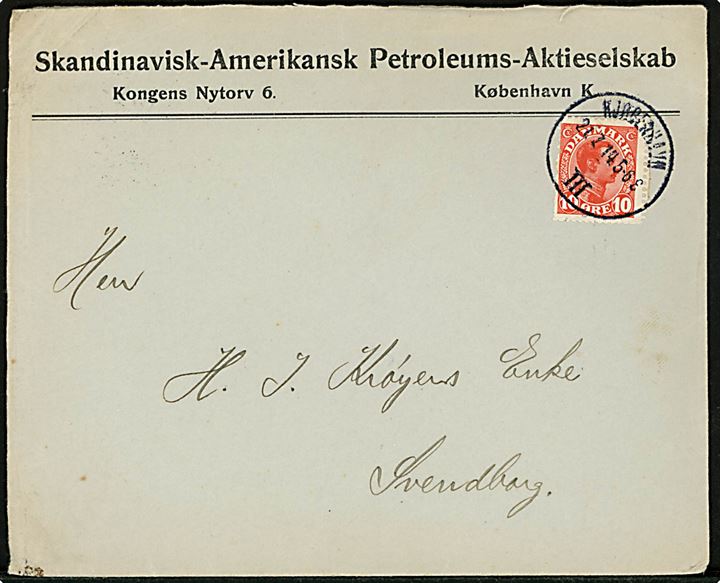 10 øre Chr. X med afskæring fra frimærke påsætnings-maskine på firmakuvert fra Skandinavisk-Amerikansk Petroleums-Aktieselskab stemplet Kjøbenhavn III d. 21.7.1914 til Svendborg.