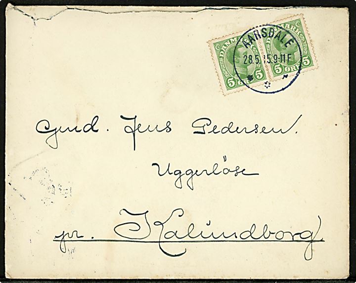 5 øre Chr. X (par) på brev annulleret med brotype IIIb Aarsdale d. 28.5.1915 til Uggerløse pr. Kalundborg. Stempel kun benyttet i perioden 8.11.1914-17.5.1916.