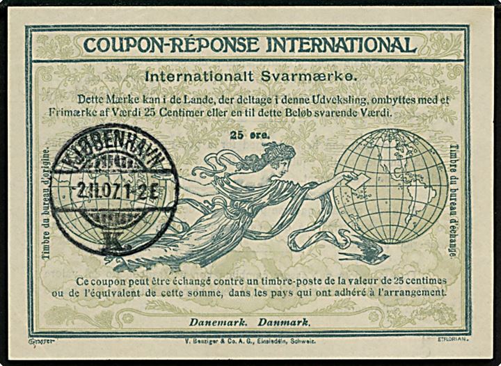 25 øre Internationalt Svarmærke, Rom udgave, med brotype Ia Kjøbenhavn K. d. 2.11.1907.