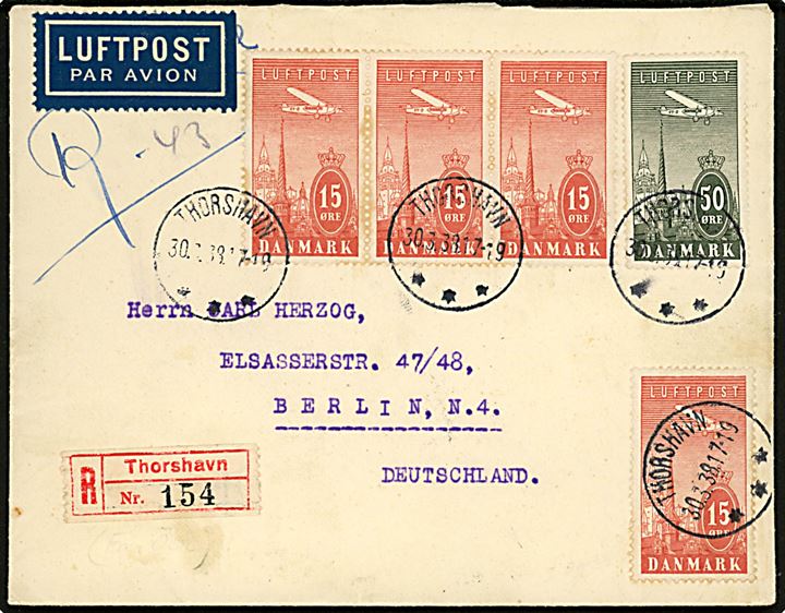 15 øre (4) og 50 øre Luftpost på 110 øre 2. vægtklasse anbefalet luftpostbrev fra Thorshavn d. 30.3.1938 til Berlin, Tyskland. Ank.stemplet i Berlin d. 3.4.1938.
