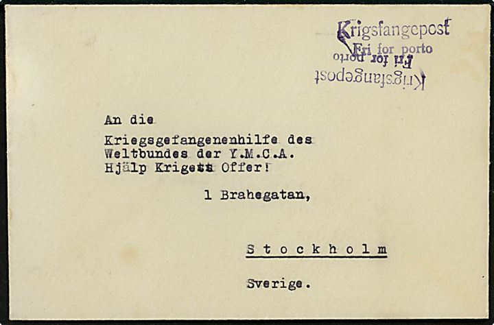 Ufrankeret brev stemplet Krigsfangepost / Fri for porto fra tysk krigsfange i Lager Nydal ved Hamar ca. 1946 til Y.M.C.A.’s krigsfangehjælp “Hjälp krigens Offer!” i Stockholm, Sverige.