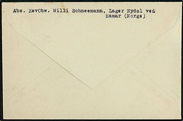 Ufrankeret brev stemplet Krigsfangepost / Fri for porto fra tysk krigsfange i Lager Nydal ved Hamar ca. 1946 til Y.M.C.A.’s krigsfangehjælp “Hjälp krigens Offer!” i Stockholm, Sverige.