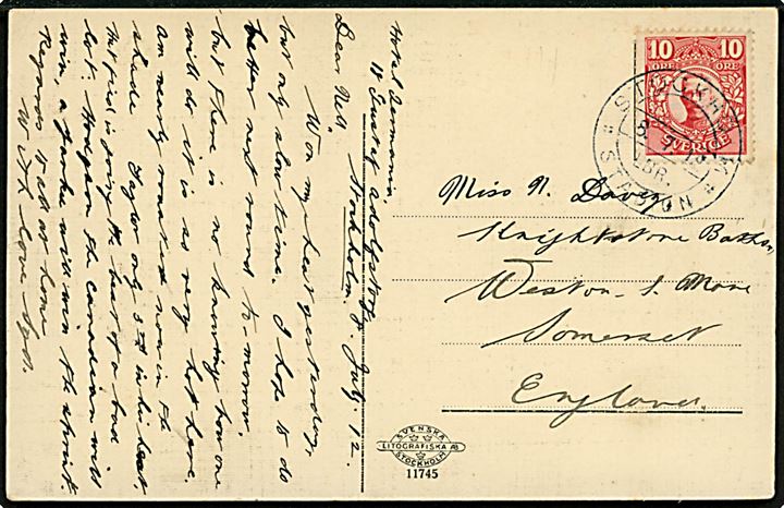 10 öre Gustaf på brevkort annulleret med smukt aftryk af  stempel Stockholm * Stadion *  LBR. d. 8.7.1912 til Weston-super-Mare, England. Sendt fra britisk atlet ved Olympiaden i Stockholm 1912. 