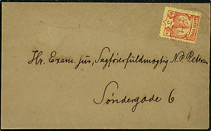 Odense Bypost. 3 øre rød på gult papir på brev annulleret Odense Bypost 2 Omb. d. 11.4.1887 til Sagfører Petersen i Søndergade. Let afkortet i venstre side. Daka 10.000,-
