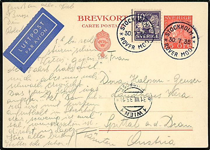 15 öre Gustaf helsagsbrevkort opfrankeret med 10 öre Løve sendt som luftpost fra østrigsk spejder på Ingarö  annulleret med spejder særstempel Stockholm * Rover Moot * d. 30.7.1935 via Wien, til Spittal a. d. Drau, Østrig.