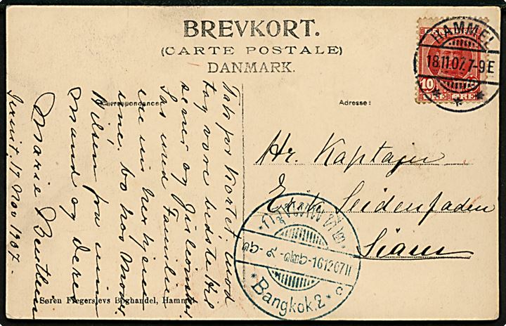 10 øre Fr. VIII på brevkort fra Hammel d. 18.11.1907 til Kaptajn Erik Seidenfaden i det siamesiske gendarmeri. Transit stemplet i Bangkok d. 16.12.1907 og eftersendt til Pachin hvor Kapt. Seidenfarden var inspektør og militær-instruktør for en styrke på 556 mand.