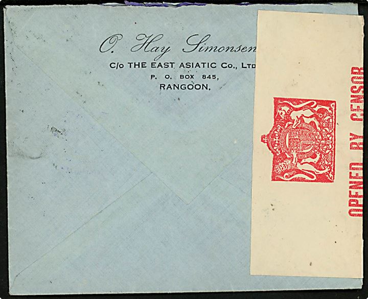 Burma 3 As. 6 Ps. og 1 R. George V og 4 As. George VI med perfin “EAC” på luftpostbrev mærket “by KLM” fra medarbejder ved Eastern Asiatic Company (= ØK) i Rangoon d. 16.2.1940 til Bjerringbro, Danmark. Britisk censur i Rangoon. 