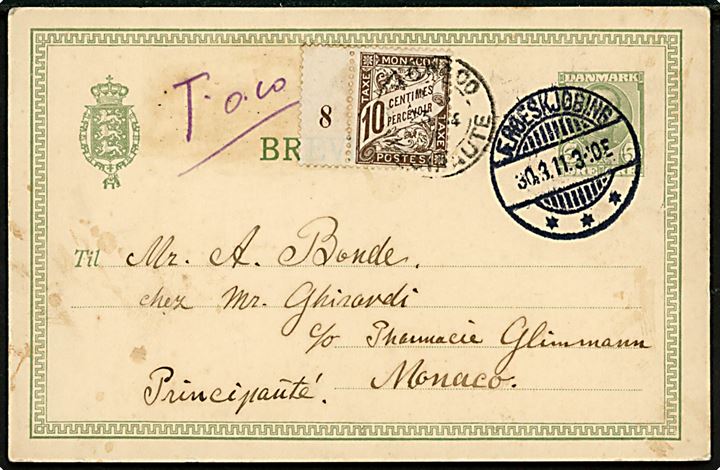 5 øre Fr. VIII helsagsbrevkort sendt underfrankeret fra Ærøeskjøbing d. 30.3.1911 til Principauté Monaco. Udtakseret i porto med Monaco 10 c. Portomærke. Sjælden destination og god frankatur.  