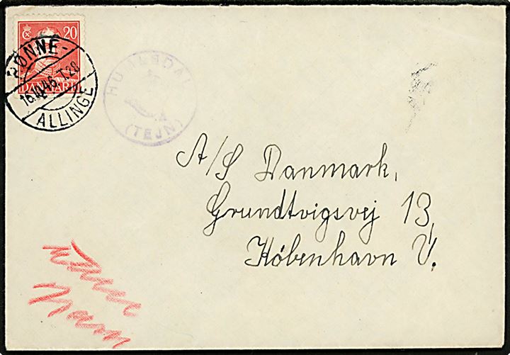 20 øre Chr. X på brev annulleret med bureaustempel Rønne - Allinge T.28 d. 16.10.1946 og sidestemplet med posthornstempel HUMLEDAL (TEJN) til København.