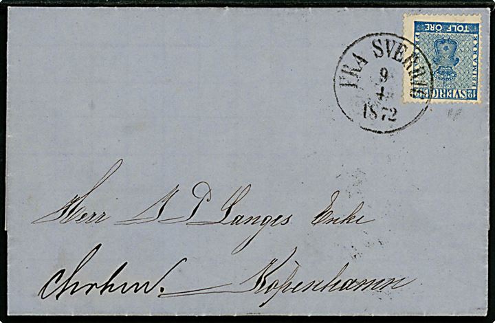 12 öre Våben på skibsbrev fra Malmö annulleret med antiqua “Fra Sverrig” d. 9.4.1872 til Kjøbenhavn. Ank.stemplet lapidar Kiøbenhavn Christiansh. d. 9.4.1872.