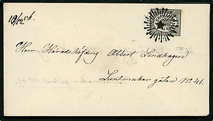 1 sk. b:co lokalmærke på brev i Stockholm annulleret med stjernestempel og på bagsiden rammestempel “Lokalbref 3dje Tn” d. 15.12.1856 til Häradshöfding Albert Lindhagen. Facit: 5000,-