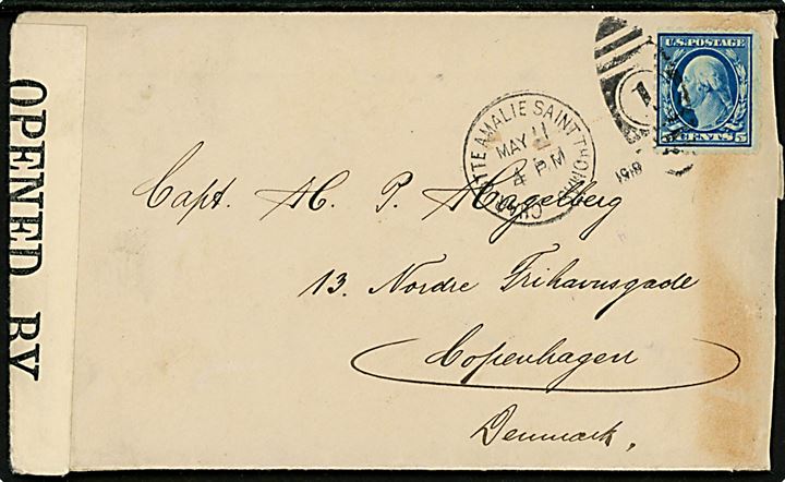 Amerikansk 5 cents Washington på brev annulleret med duplex Charlotte Amalie Saint Thomas / “1” d. 11.5.1919 til København, Danmark. Britisk censur no. 5072.