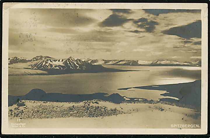 5 øre Posthorn på tryksagskort fra Spitsbergen d. 20.8. med stempel ADVENT BAY og rammestempel B.D.S. / S/S “VEGA” d. 24.8.1912, samt Nordlands Posteksp. E d. 26.8.1912, til Dinant, Belgien.