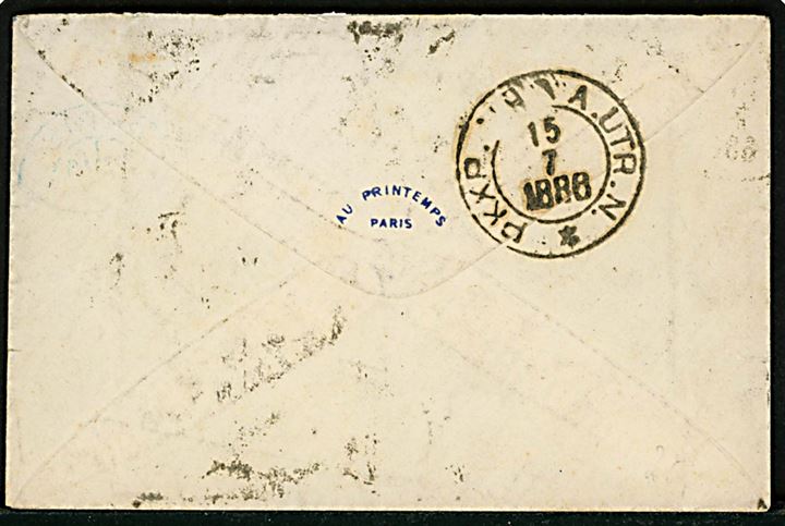 12 öre Ringtype på underfrankeret brev fra Norrköping d. 14.1.1886 til Paris, Frankrig. Udtakseret i fransk porto med 20 c. Portomærke annulleret med trekantet stempel.
