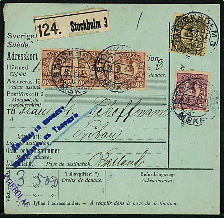 8 øre, 30 øre (vandret 3-stribe) og 1 kr. Gustaf på 198 öre internationalt adressekort for pakke fra Stockholm d. 8.9.1914 via Raumo og St. Petersborg til Libau i Letland, Rusland. 