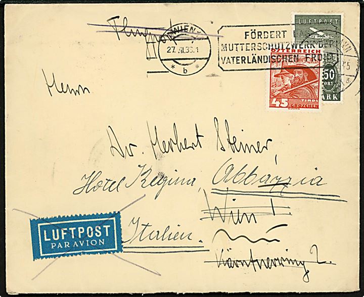50 øre Luftpost single på luftpostbrev fra København d. 25.7.1936 til Wien, Østrig - opfrankeret med 45 gr. Tirol og eftersendt som overfladebrev fra Wien d. 27.7.1938 til Abbazzia, Italien.