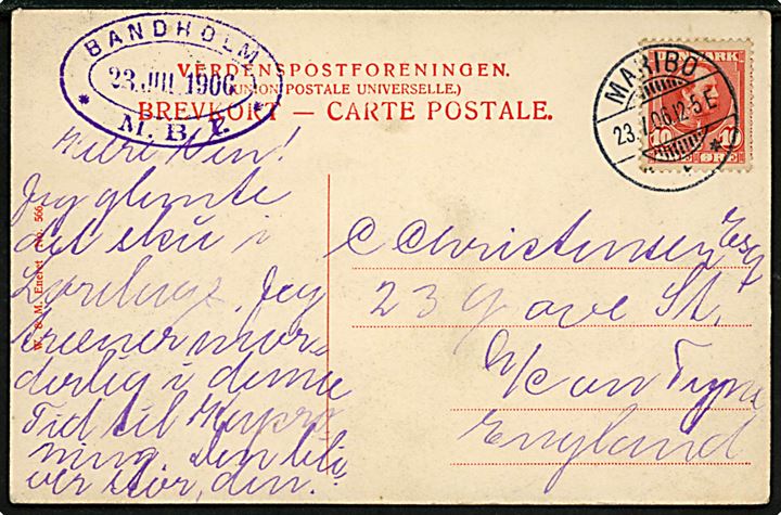 10 øre Chr. IX på brevkort med ovalt jernbanestempel BANDHOLM * M.B.J. * (= Bandholm-Maribo jernbane) d. 23.7.1906 og annulleret bro Ia Maribo d. 23.7.1906 til Newcastle on Tyne, England.