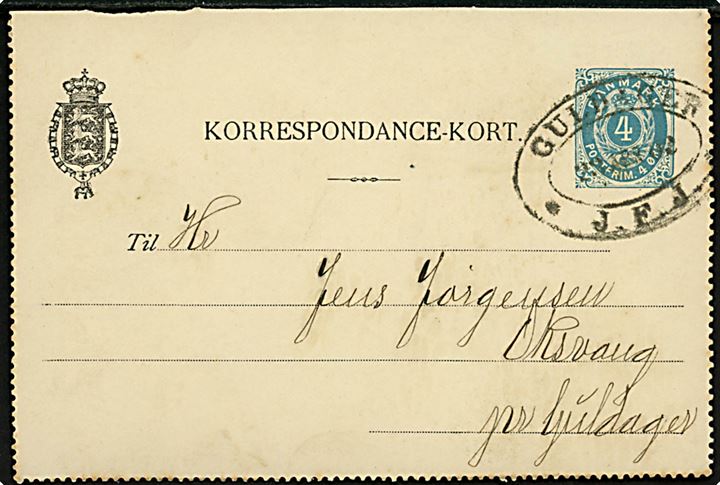 4 øre helsagskorrespondancekort FORSIDE annulleret med ovalt jernbanestempel GULDAGER * J.F.J. * d. 23.4.1902 til Oksvang pr. Guldager. Brugt som forløber for stjenestempel som blev leveret i 1903.