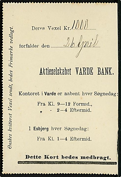 4 øre helsagskorrespondancekort FORSIDE annulleret med ovalt jernbanestempel GULDAGER * J.F.J. * d. 23.4.1902 til Oksvang pr. Guldager. Brugt som forløber for stjenestempel som blev leveret i 1903.